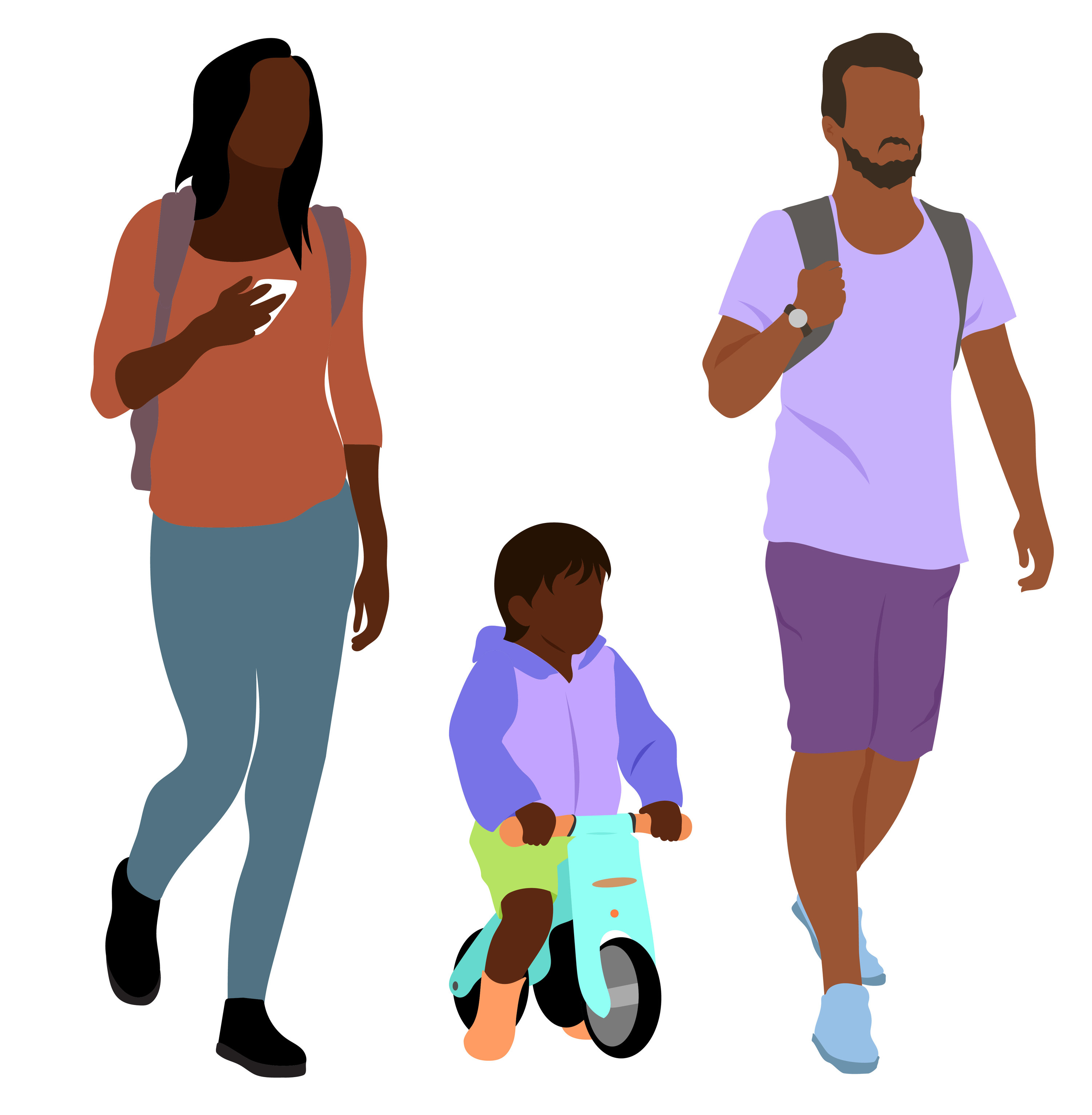 Clip art of a family walking together, the child riding a toy bike
