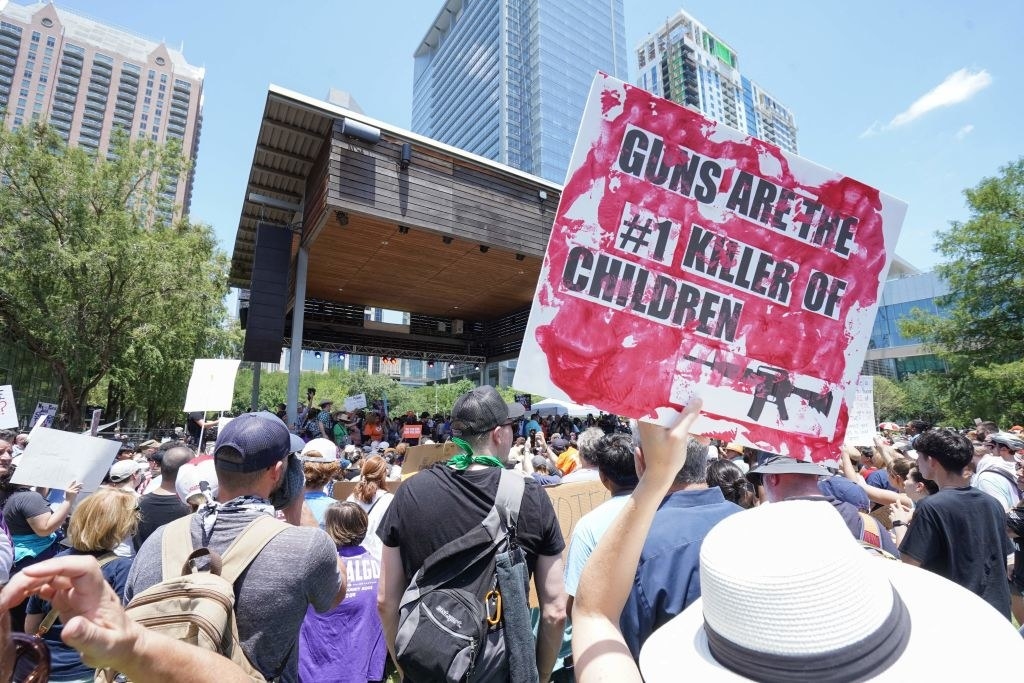 crowd protesting against guns