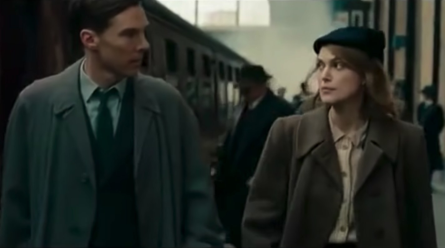 Benedict Cumberbatch and Kiera Knightly in &quot;The Imitation Game&quot; walking next to a train