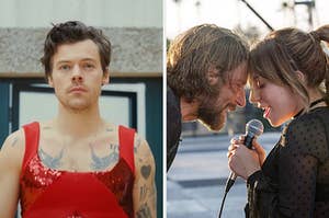 On the left, Harry Styles in the As It Was music video, and on the right, Jackson and Ally from A Star is Born singing to each other