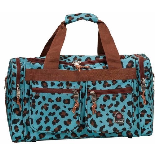 the blue leopard print and brown duffle bag