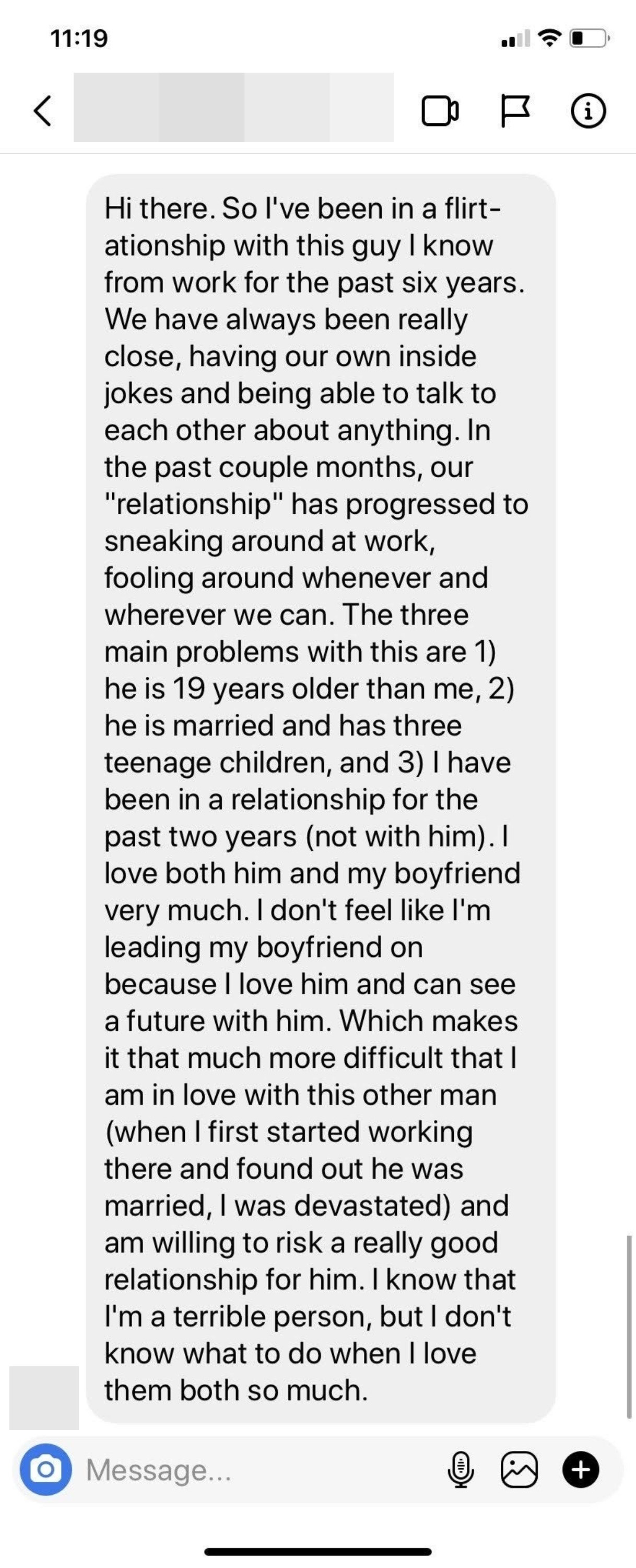 Woman describes how a flirty work relationship has become an affair, and she&#x27;s in love with the guy, who is married with kids and 19 years older than she is, but is in a relationship herself