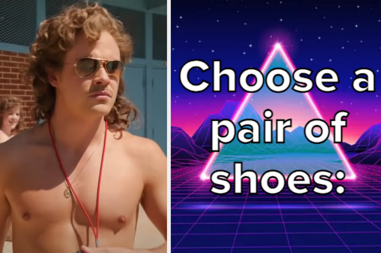 a guy with a mullet; the words, &quot;choose a pair of shoes&quot;