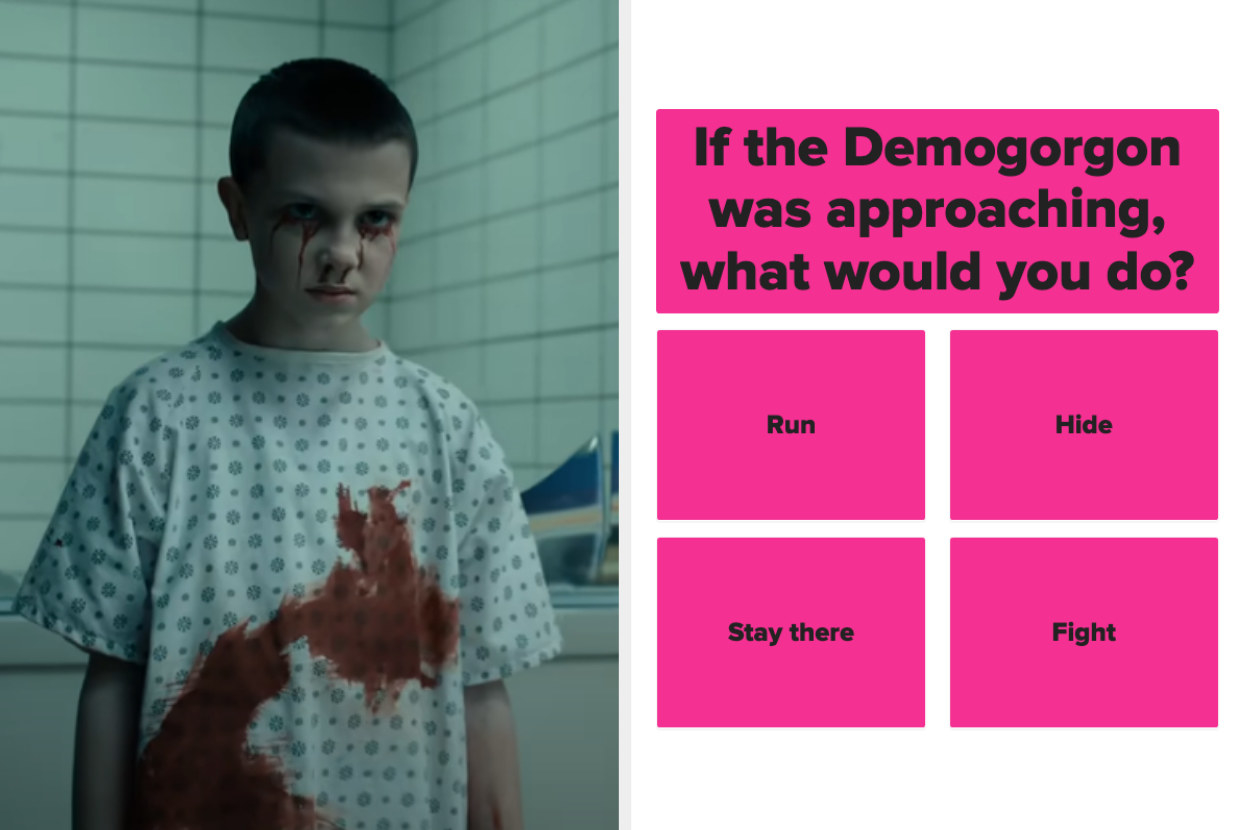 Eleven with blood on her gown; the question &quot;If the Demogorgon was approaching, what would you do?&quot;