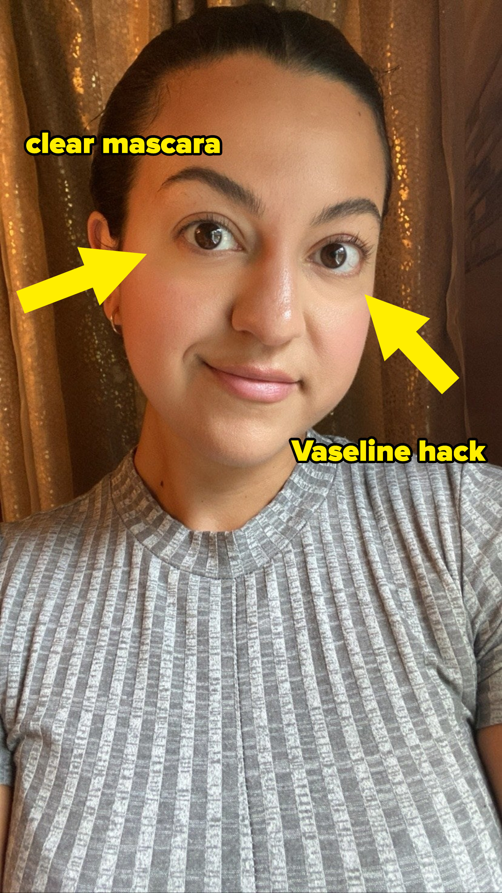 The writer&#x27;s eyes are labeled, one as being treated with Vaseline and the other with clear mascara; the Vaseline eye&#x27;s lashes are notably more prominent