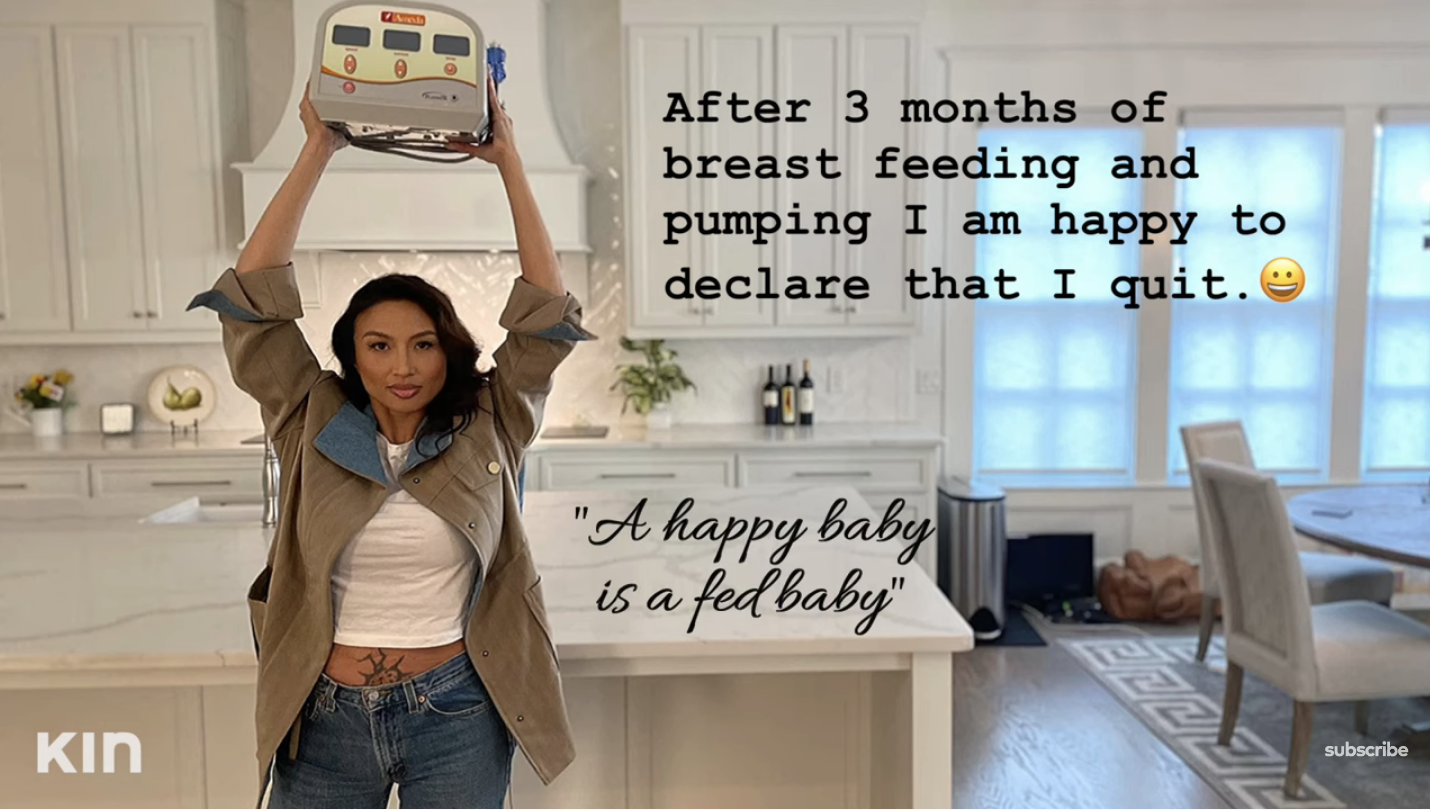 Jeannie Mai holding her breast pump with text that she&#x27;s quit breastfeeding after 3 months