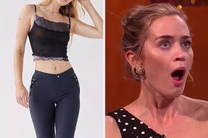 On the left, someone wearing a cropped tank and skinny, high-waisted pants, and on the right, Emily Blunt opening her mouth wide in surprise