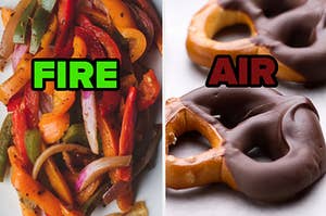 Roasted peppers are on the left labeled, "fire" with chocolate covered pretzels labeled, "air"