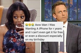 message of someone begging for a free iphone over a woman drinking wine nervously and seth meyers looking shocked