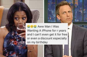 message of someone begging for a free iphone over a woman drinking wine nervously and seth meyers looking shocked