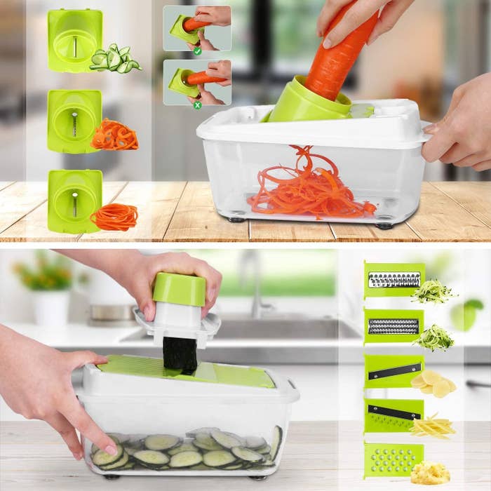 A person using the tool to slice veggies, plus all its attachments