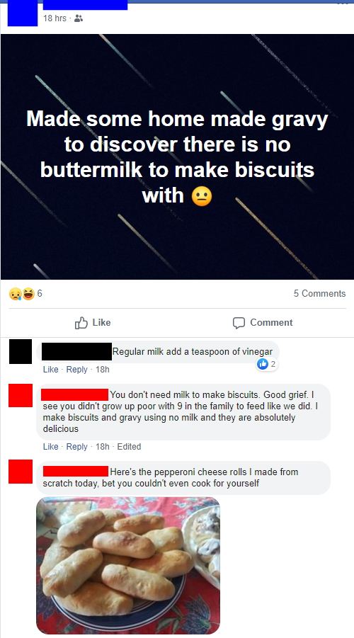 someone trolling another trying to make biscuits with no milk