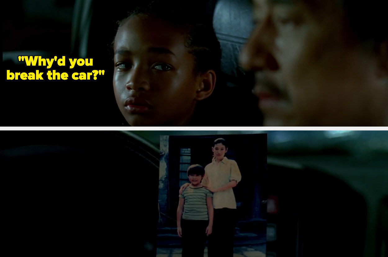 A picture of Jaden Smith as Dre Parker saying, &quot;Why&#x27;d you break the car?&quot; with Jackie Chan as Mr.Han showing a picture of a woman and a child