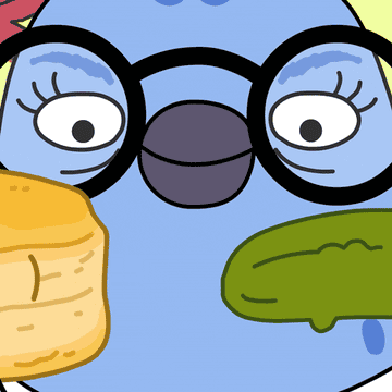 Cartoon bird putting pickle in a bun and winking