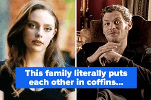 Hope and Klaus Mikaelson. Text reads "This family literally puts each other in coffins"