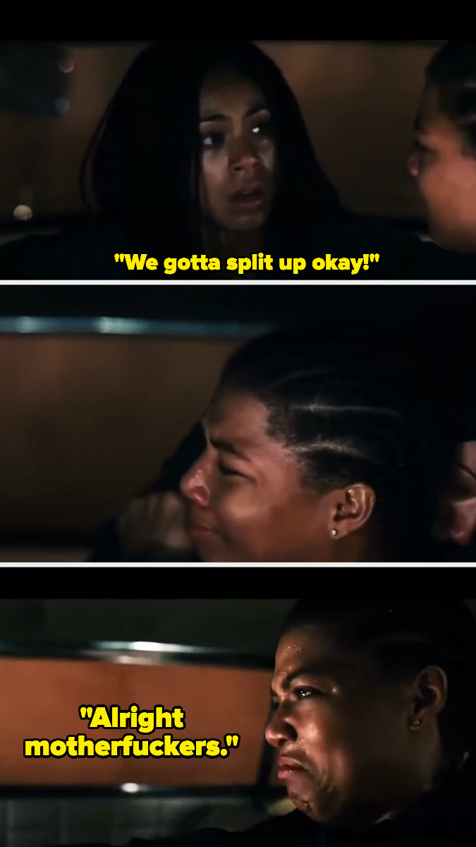A picture of Queen Latifah playing Cleo saying, &quot;We gotta split up okay!&quot; and drives off saying, &quot;Alright motherfuckers