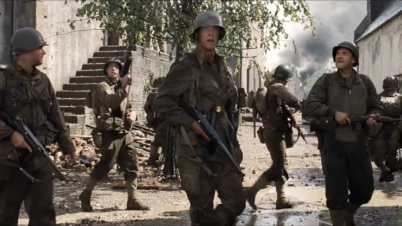 Captain Miller and his team walking through a ruined town in &quot;Saving Private Ryan&quot;