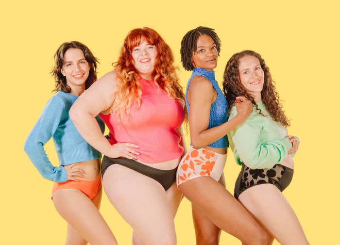 four people with different body types wearing different leakproof underwear styles