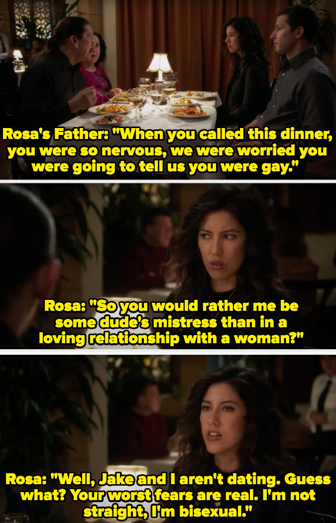 Rosa saying, &quot;Well, Jake and I aren&#x27;t dating. Guess what? Your worst fears are real. I&#x27;m not straight, I&#x27;m bisexual.&quot;