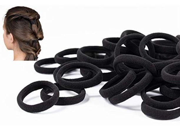 Showing hair ties and hair ties in woman's hair