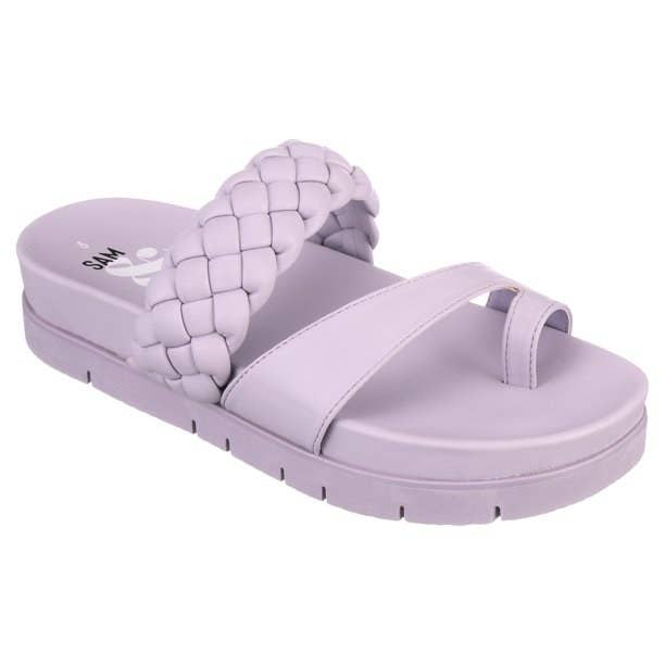 The lavender shoes have a braided strap, a wide strap and toe strap