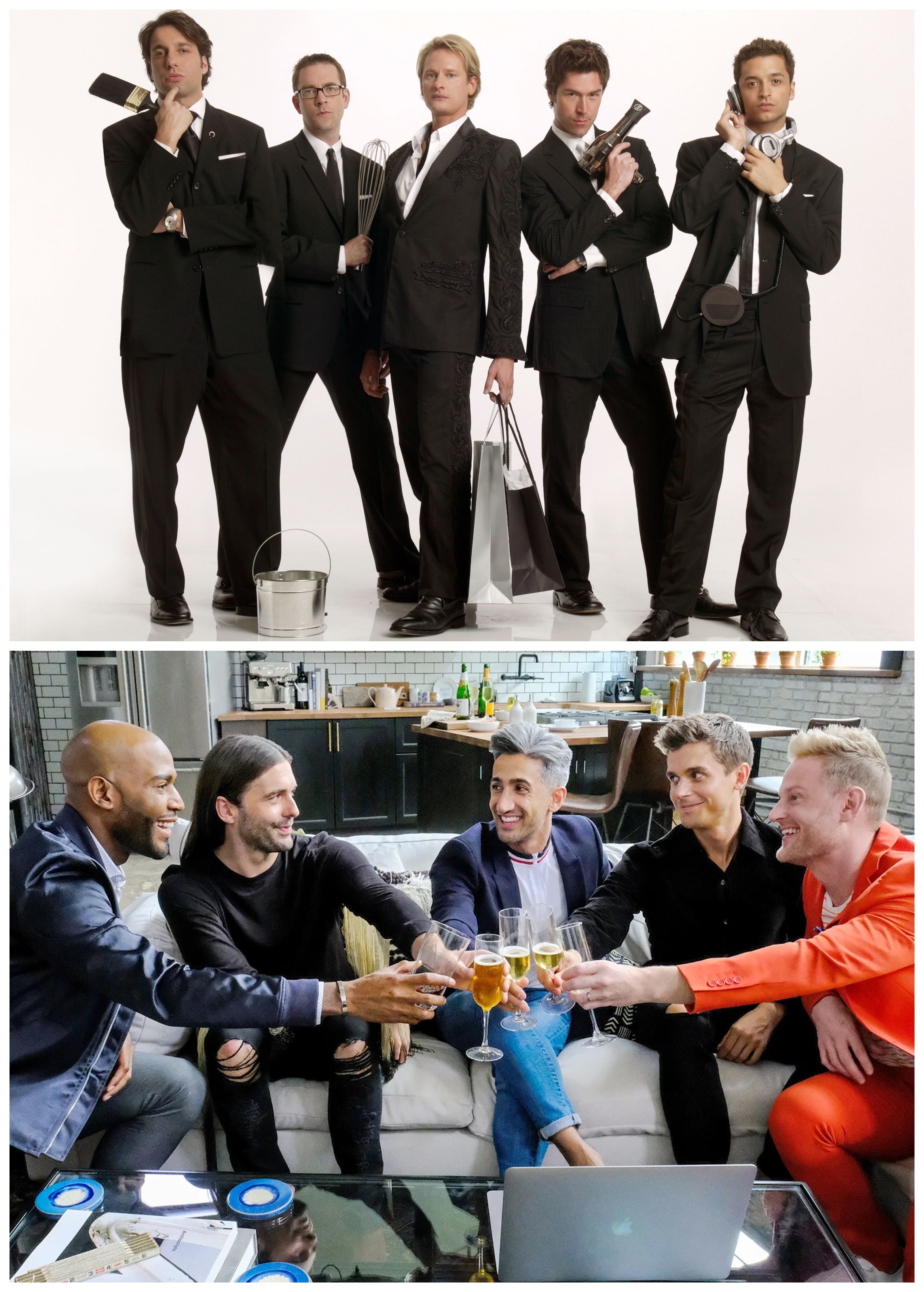 Top: The original Queer Eye cast; Bottom: The new Queer Eye cast doing a toast with champagne