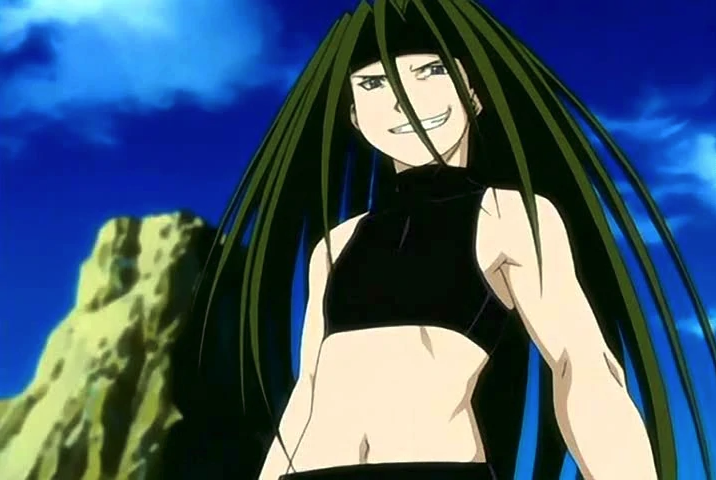 A close up of Envy; she has a strong, toned body and has long, dark green hair
