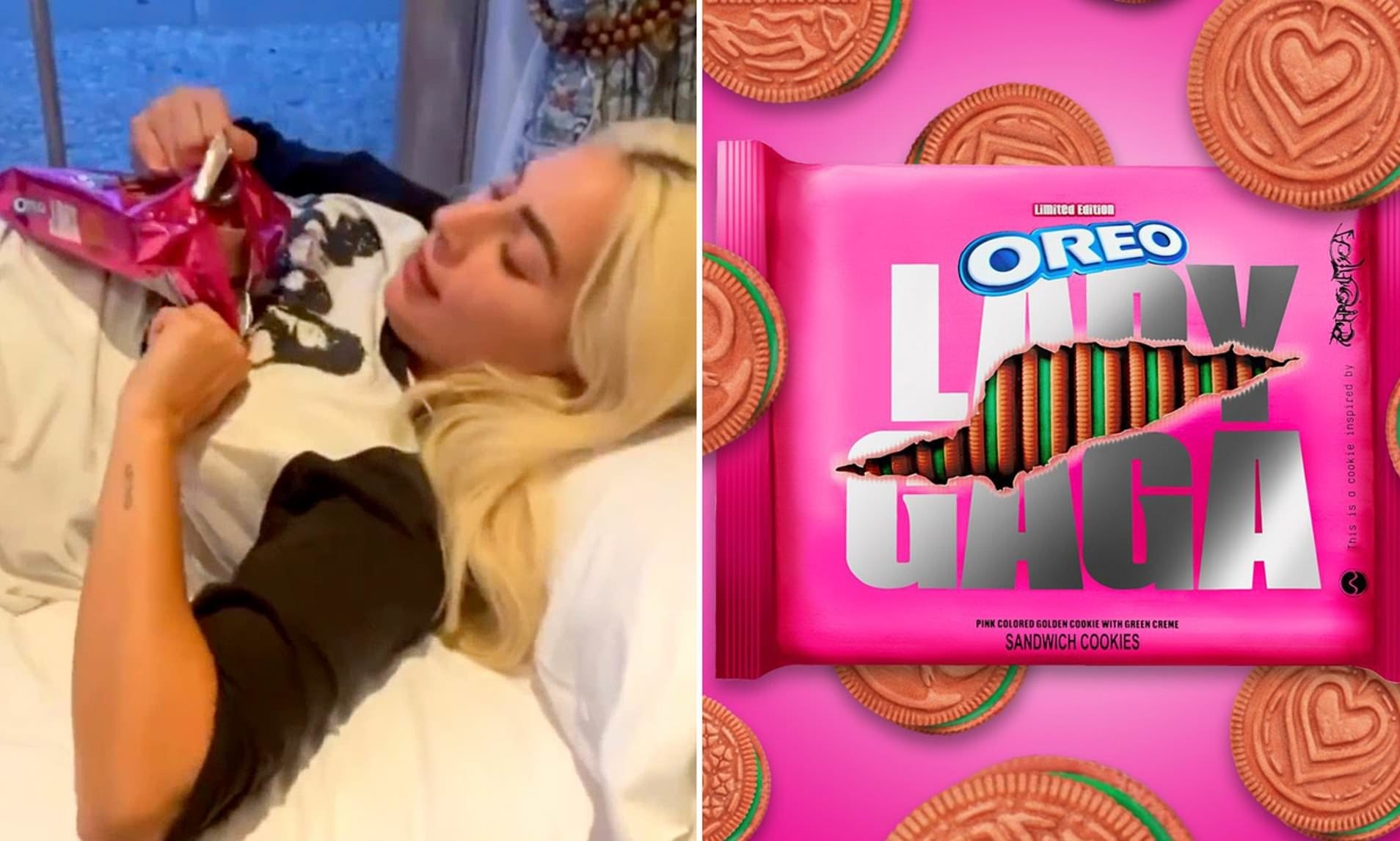 A side by side: Lady Gaga lies in bed ripping open a pink packet, then an image of the pink and green Lady Gaga Oreos