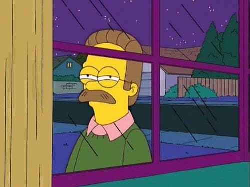 A screenshot of cartoon Ned Flanders looking through a window with suspiciously narrowed eyes