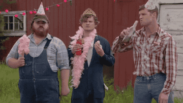 a gif of three characters from Letterkenny wearing party hats and drinking