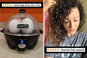on the left a dash egg cooker with text that reads "perfect eggs every darn time"; on the right a reviewer with wavy hair and text that reads "great for frizz control"