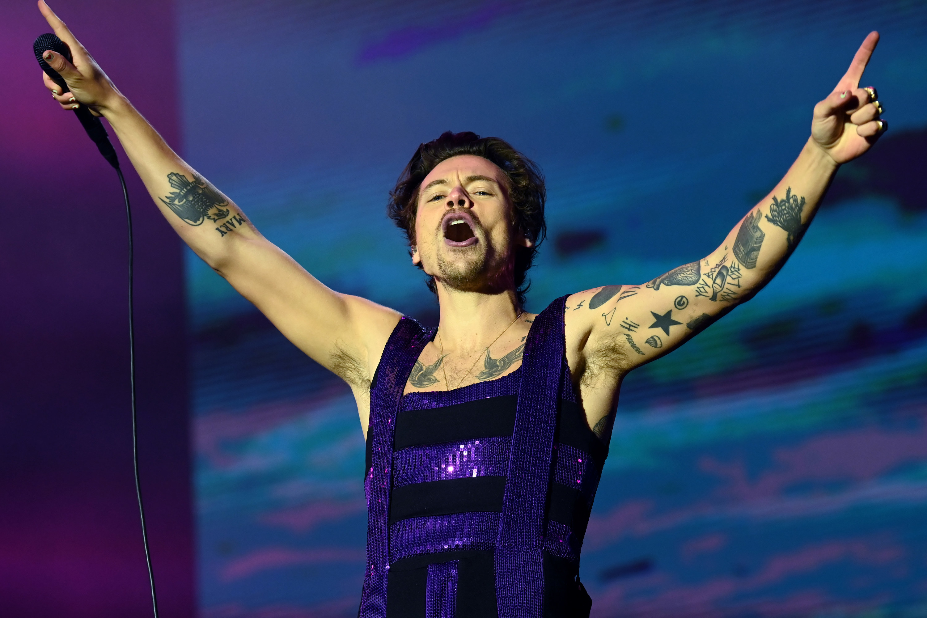 A closeup of Harry performing