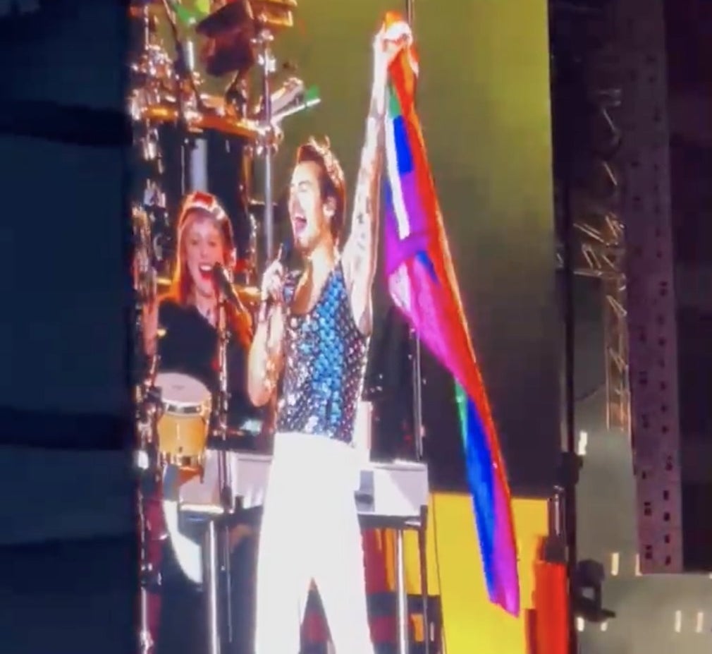 Harry holds the flag high above his head
