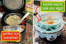 A split thumbnail of a rice cooker and an egg cooker
