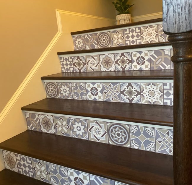 Mosaic peel and stick riser paper on stairs