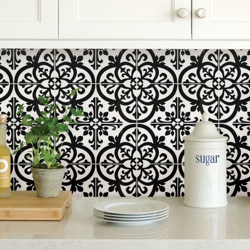 Black/white mosaic peel-and-stick backsplash tile