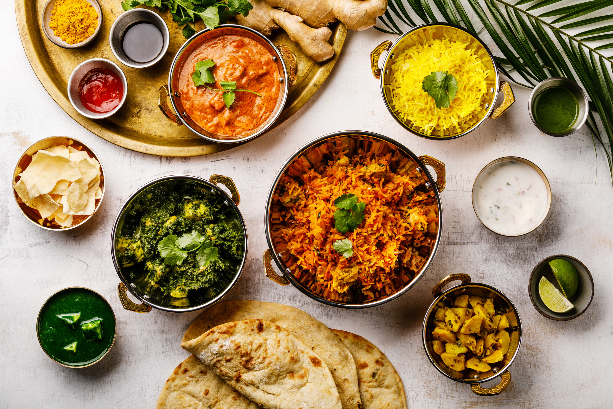 A spread of Indian food.