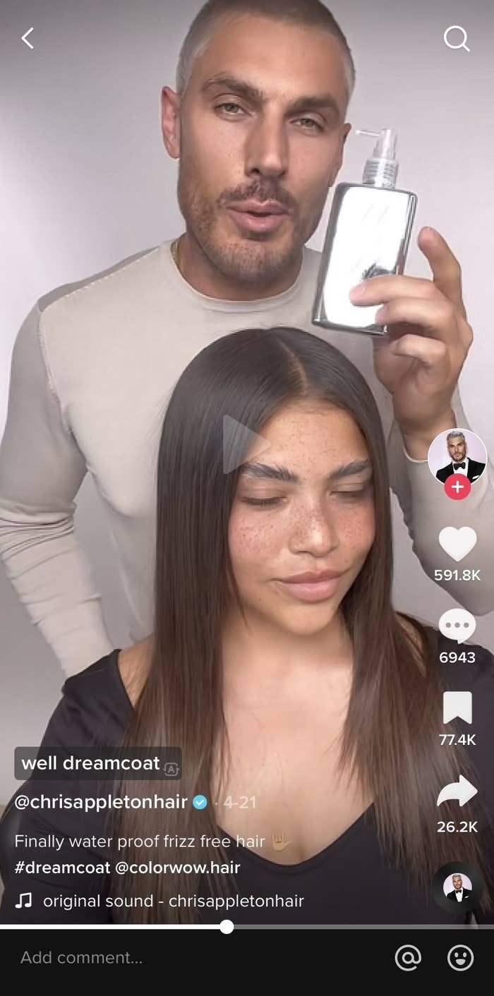 screenshot of the TikTok video where the hair stylist is using the product