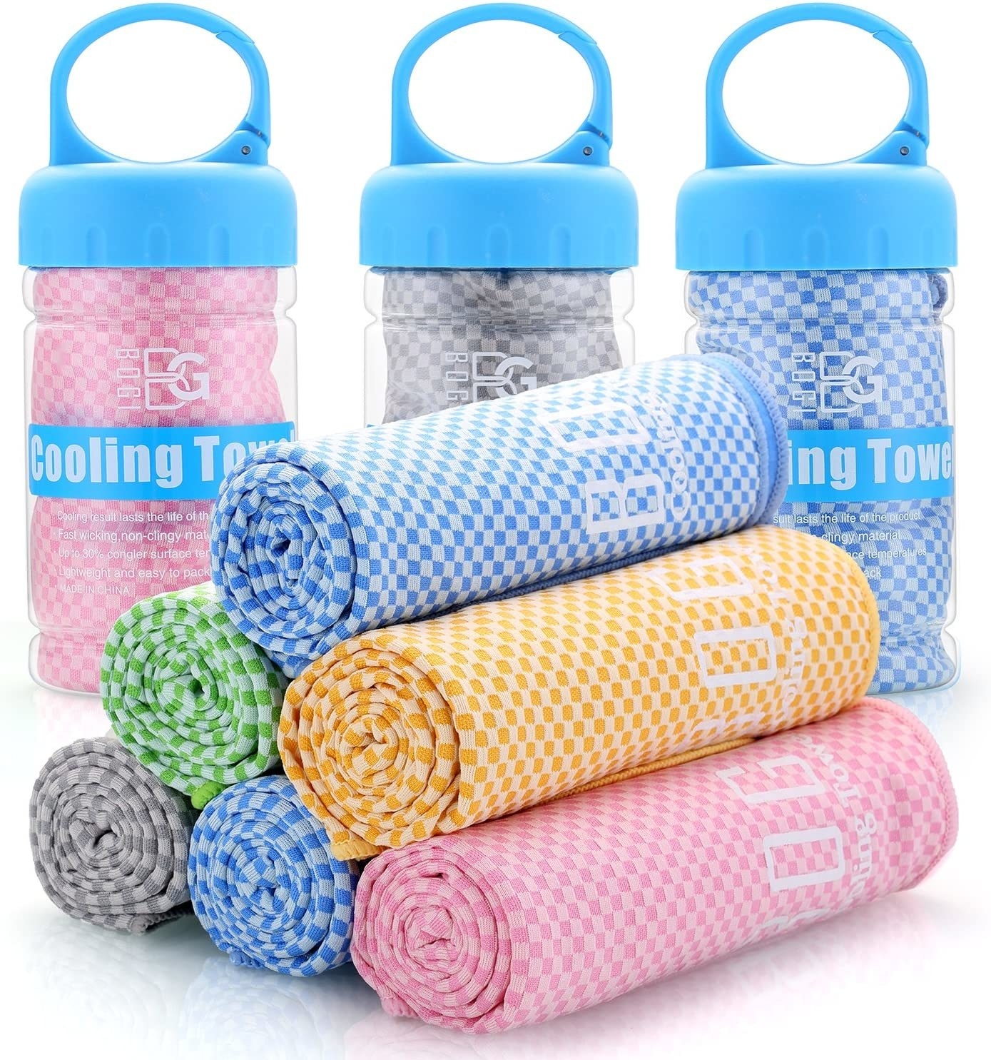A stack of the cooling towels in front of a plain background