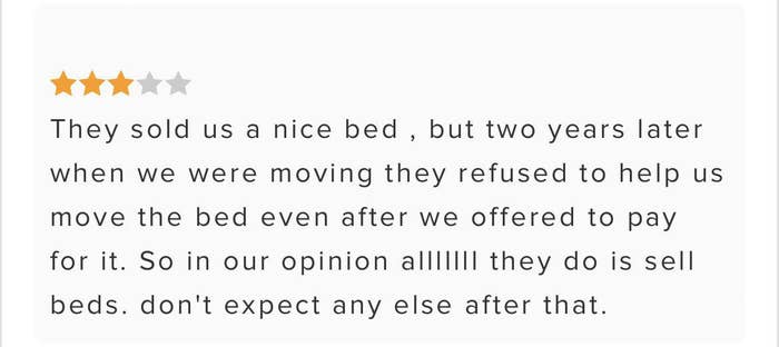 reviewer saying the store didn&#x27;t want to help them move the bed 2 years later