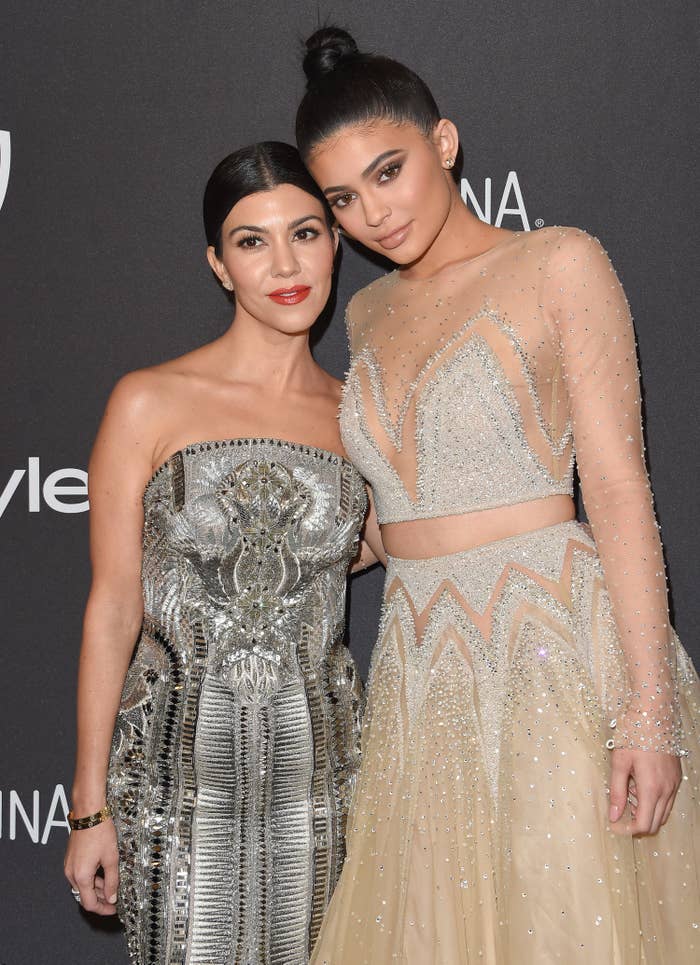 Kourtney Kardashian leans into Kylie Jenner in heavily beaded dresses at the 73rd Annual Golden Globe Awards Post-Party