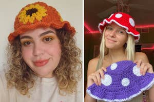 Model wearing orange crochet bucket hat with yellow sunflower, model holding purple mushroom crochet bucket hat and wearing product in red