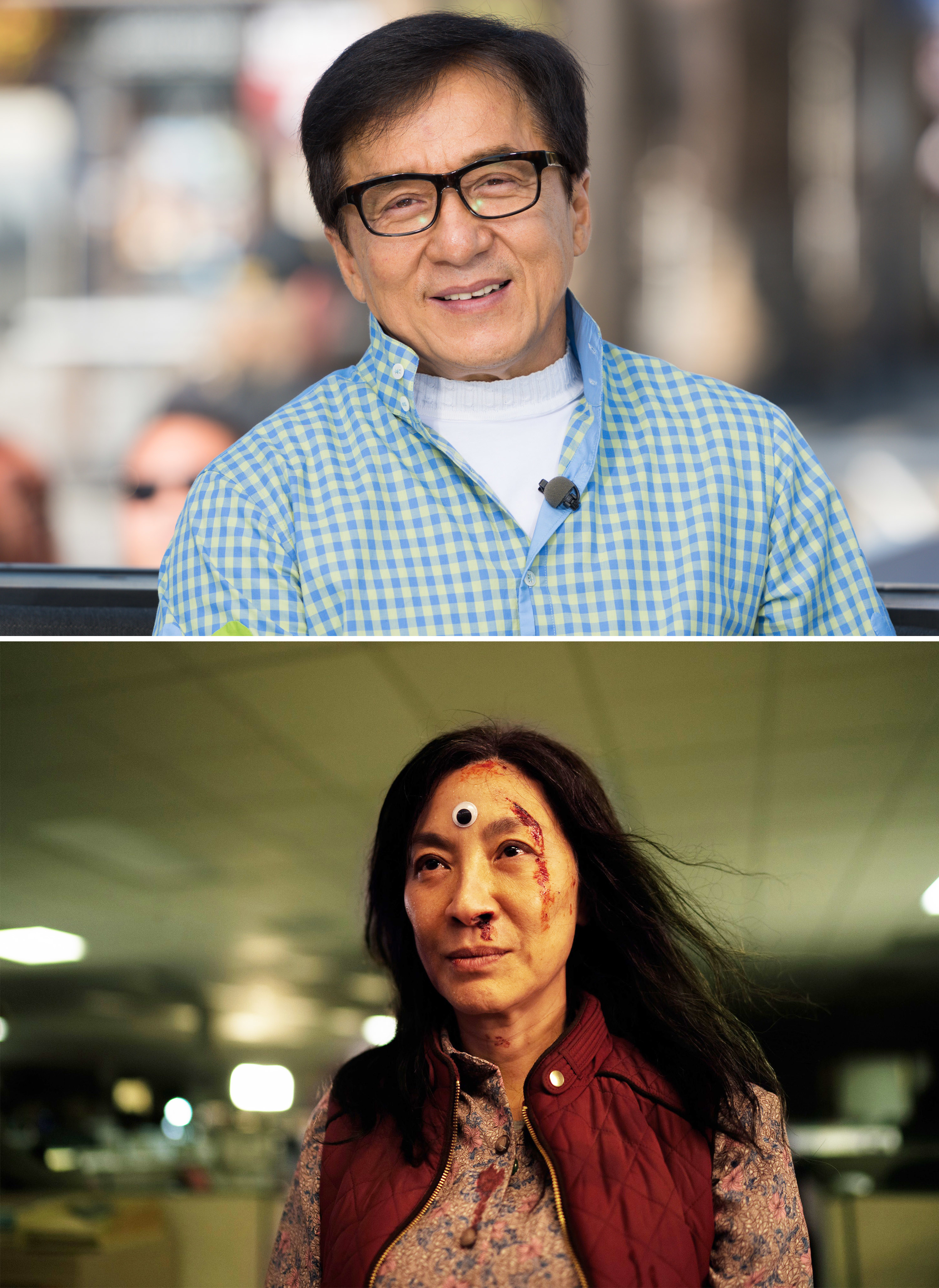 A close-up of Jackie Chan above a shot of Michelle Yeoh in the role he turned down
