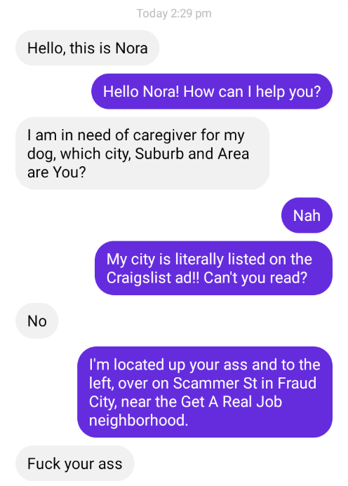 scammer gets told off