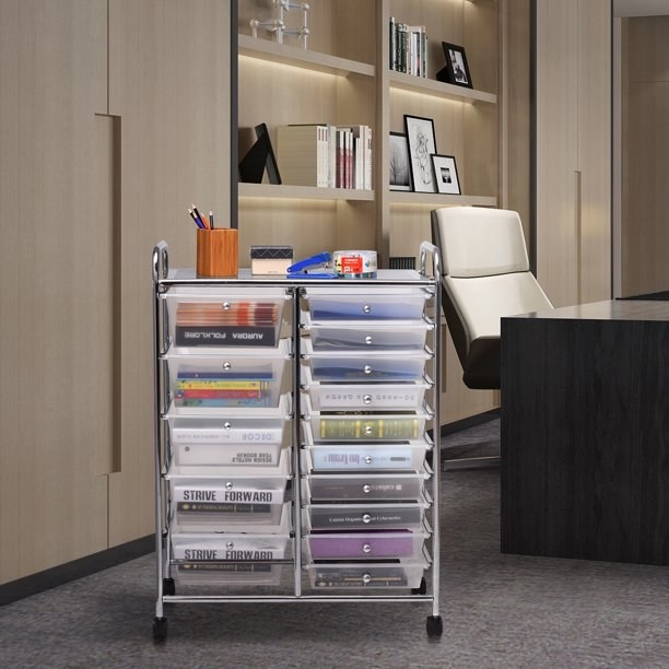 the organization cart with books and papers in it