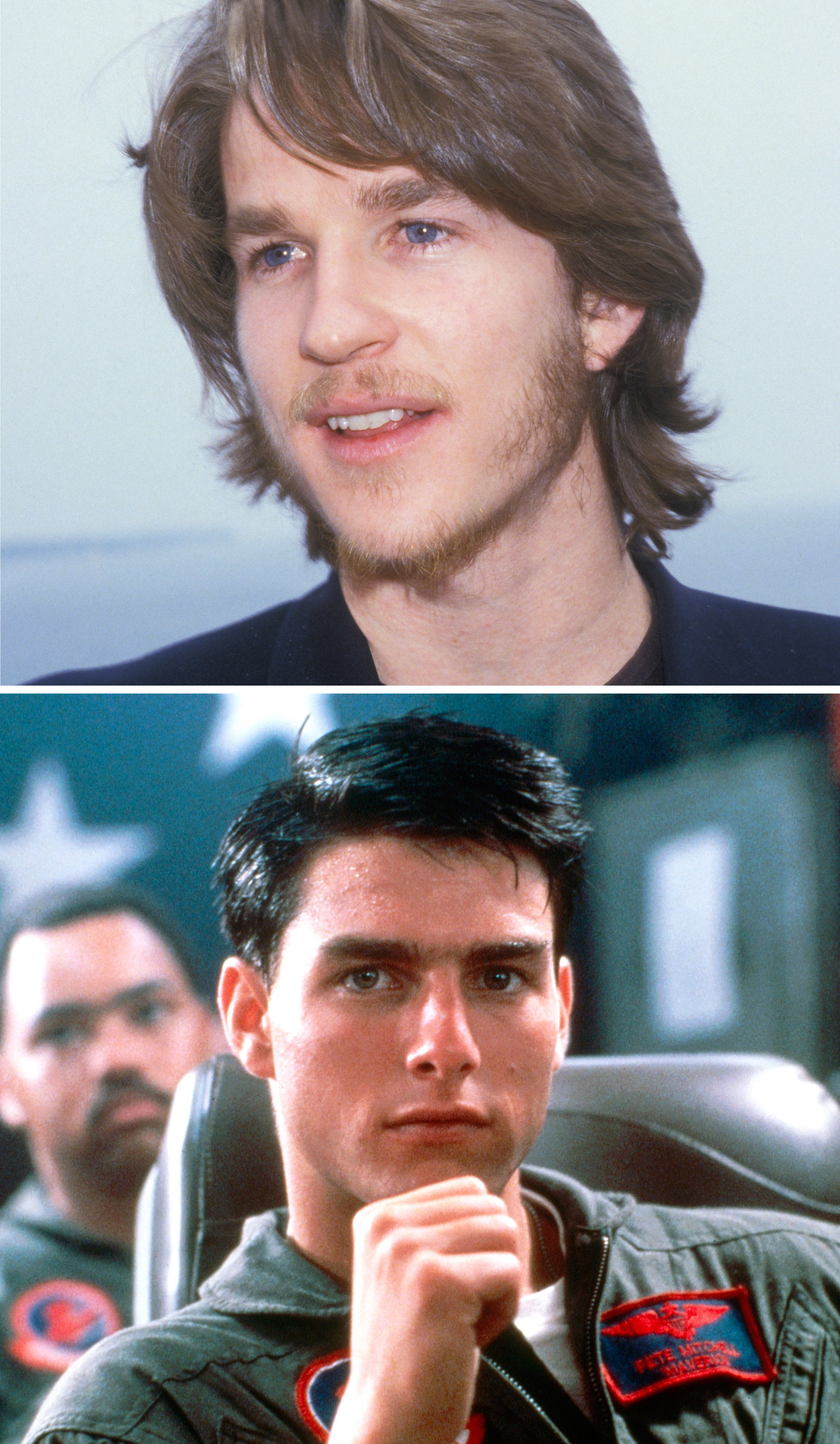A close-up of young Matthew Modine above a shot of Tom Cruise in TopGun