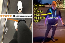 on left, reviewer wearing black knee brace while walking on treadmill. on right, reviewer wearing illuminated vest while walking at night