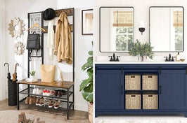 on left, hallway tree with hooks holding coat, hat, and scarf and wood bench with shoe storage rack on bottom. on right, dark blue bathroom vanity with square mirrors on top of it