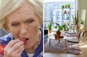 On the left, Mary Berry crunching on a cookie on The Great British Baking Show, and on the right, a sunny apartment living room with tall windows and shelves full of plants in front of them