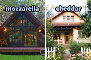 On the left, a tiny cabin in the woods with windows all around labeled mozzarella, and on the right, a house surrounded by wildflowers and a pickett fence labeled cheddar